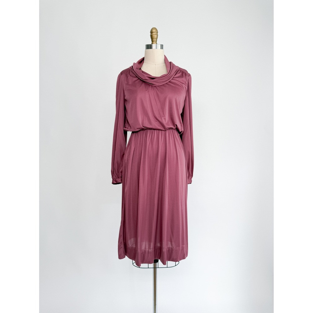 purple vtg 70s‎ cowl neck long sleeve knee length dress size M